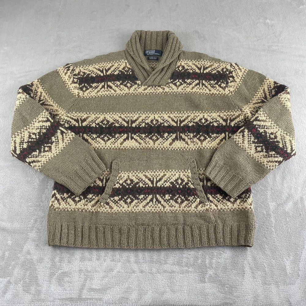 Vintage Polo Ralph Lauren Shawl Sweater Men XL‎ Fair Isle Wool Silk Hand Knit